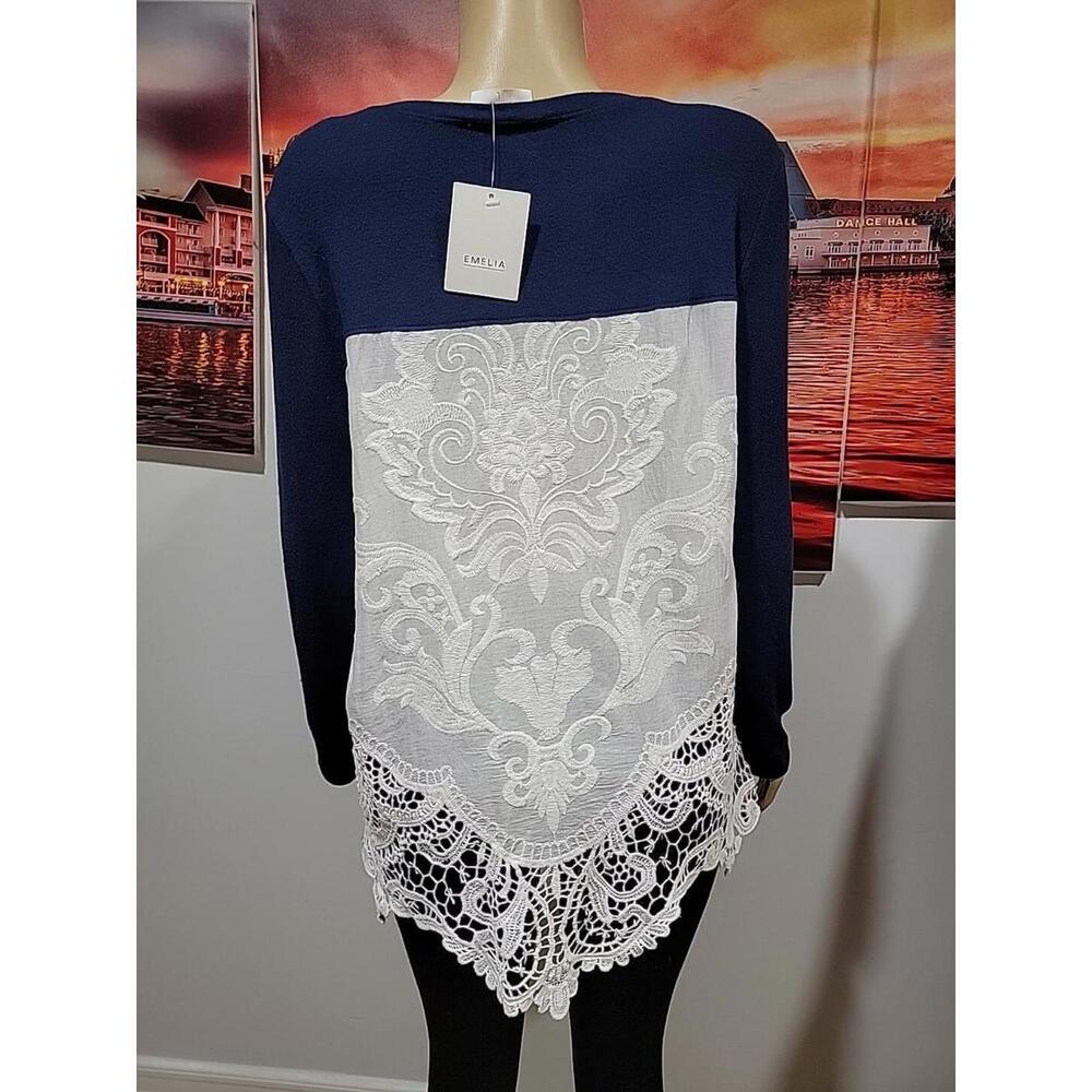 Emelia Navy With White Embroidered Panel Size L Crochet Trim Tunic Top NWT #C